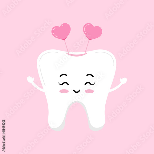 Valentines day tooth with headband with hearts dental icon isolated on background. Dentist cute white tooth character in love. Flat design cartoon vector dentistry clip art illustration.