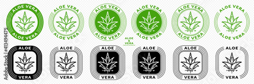 Stamps for packaging of cosmetic products. The label is aloe vera extract. Plant icon with flowing ingredient line. Vector set.