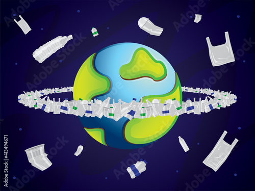 Plastic waste is flying round the world. Plastic pollution illustration vector.