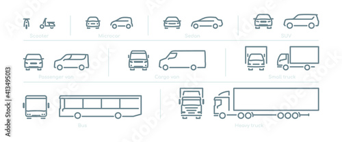 Outline car icons, different types of transportation, front and side view