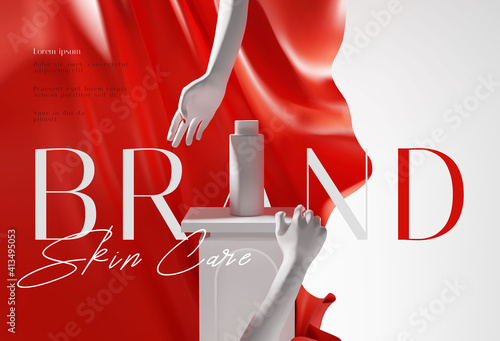 Elegant red and white cosmetic product ads presentation template with beautiful wavy cloth backdrop. 3d realistic hand gesture with red nails render vector illustration