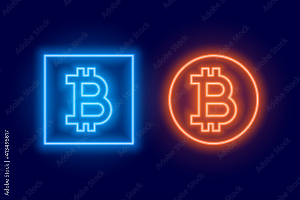 two bitcoin logo symbol made in neon style