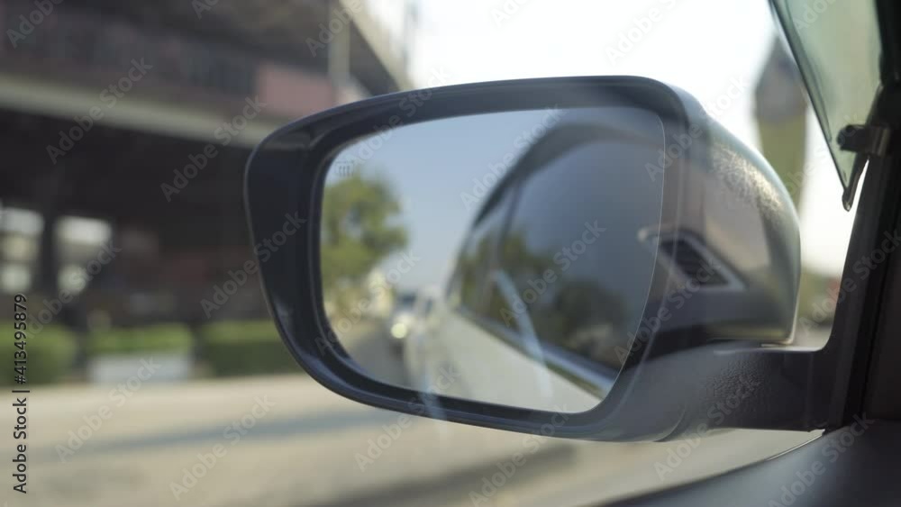 Car wing mirror, side mirror moving on the street, 4K Car wing mirror, side mirror moving on the street, 4K
