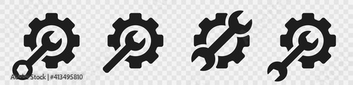 Mechanical gear icon with wrench for repair. Maintenance icon symbols isolated in transparent background. Vector illustration.