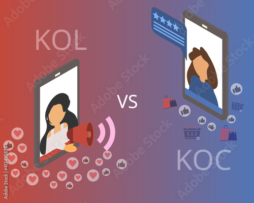 Key opinion customer (KOC) VS key opinion leader (KOL) vector