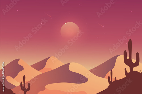 Desert landscape vector illustration with sunset panorama and camel for video conference