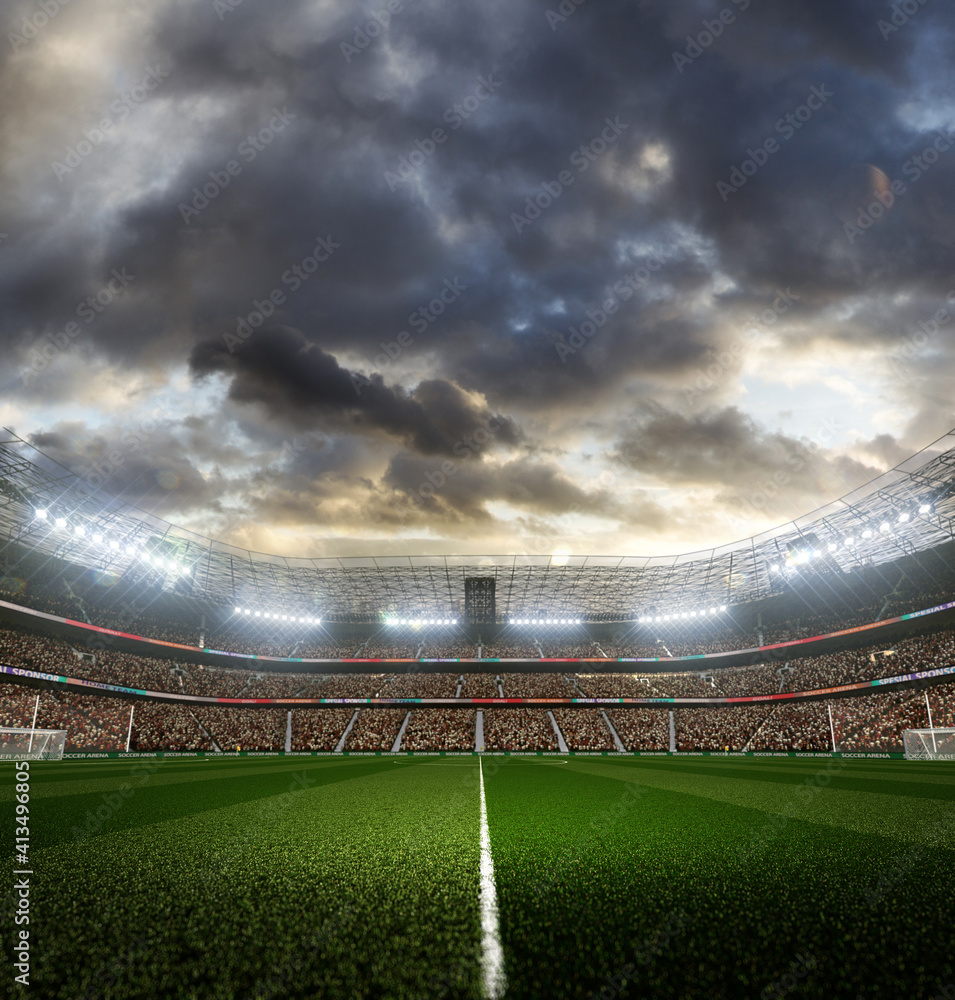 Fototapeta Pusty stadion piłkarski w wieczornym świetle