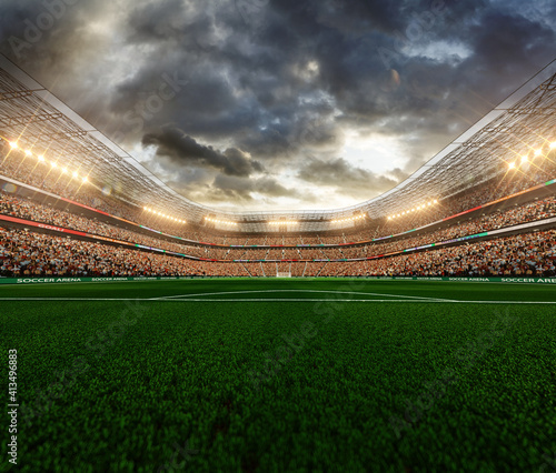 Empty soccer stadium in the evening light