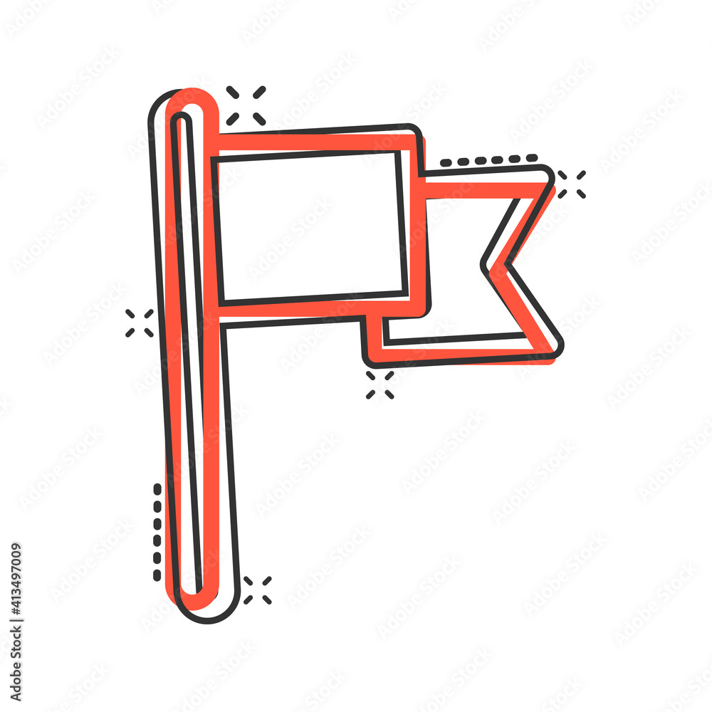 Flag icon in comic style. Pin cartoon vector illustration on white isolated background. Flagpole splash effect business concept. Flag icon in comic style. Pin cartoon vector illustration on white isolated background. Flagpole splash effect business concept.