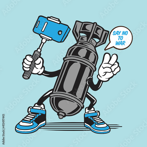 Selfie Vintage Atomic Bomb Character Design Mascot