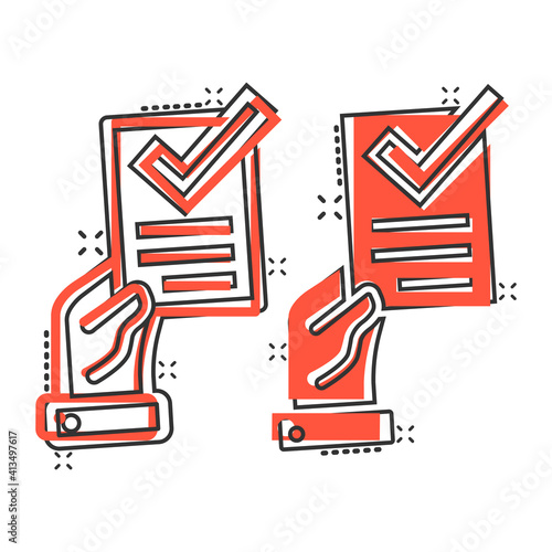 People hand with check mark icon in comic style. Accept cartoon vector illustration on white isolated background. Approval choice splash effect business concept.