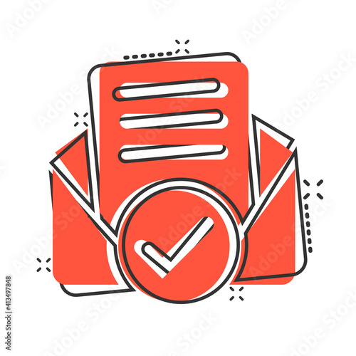 Envelope with confirmed document icon in comic style. Verify cartoon vector illustration on white isolated background. Receive splash effect business concept.