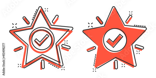 Check mark with star icon in comic style. Add to favorite cartoon vector illustration on white isolated background. Bookmark splash effect business concept.