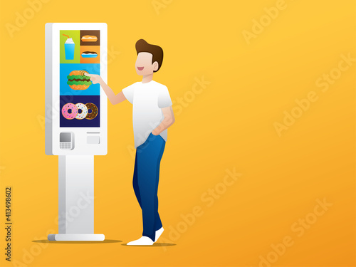 The man is ordering food from self ordering kiosk. Modern technology illustration vector.  