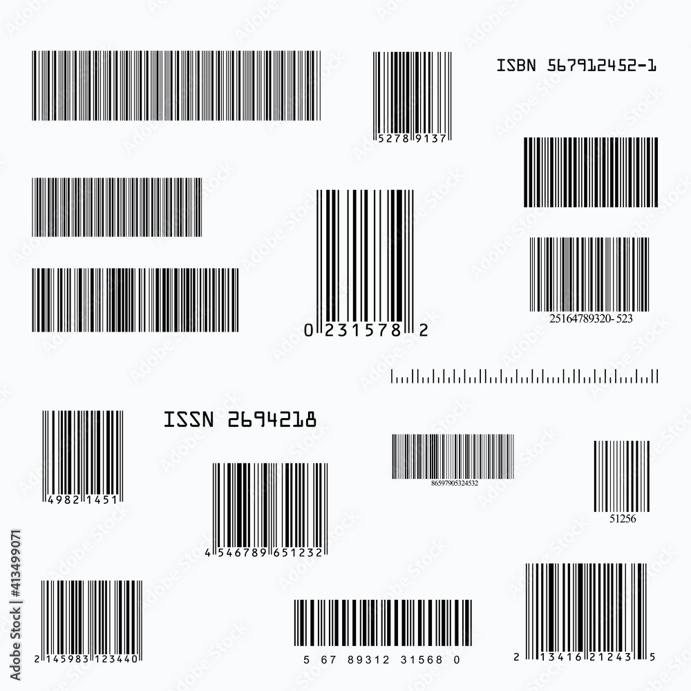 Collection of an example standard barcodes in black on white background. Product inventory codes for shipping, supermarket product scanning. Vector illustration of isolated industrial bar codes. Collection of an example standard barcodes in black on white background. Product inventory codes for shipping, supermarket product scanning. Vector illustration of isolated industrial bar codes.