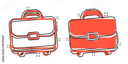 Briefcase icon in comic style. Businessman bag cartoon vector illustration on white isolated background. Portfolio splash effect business concept.