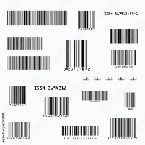 Collection of an example standard  barcodes in black on white background. Product inventory codes for shipping, supermarket product scanning.  Vector illustration of isolated industrial bar codes.
