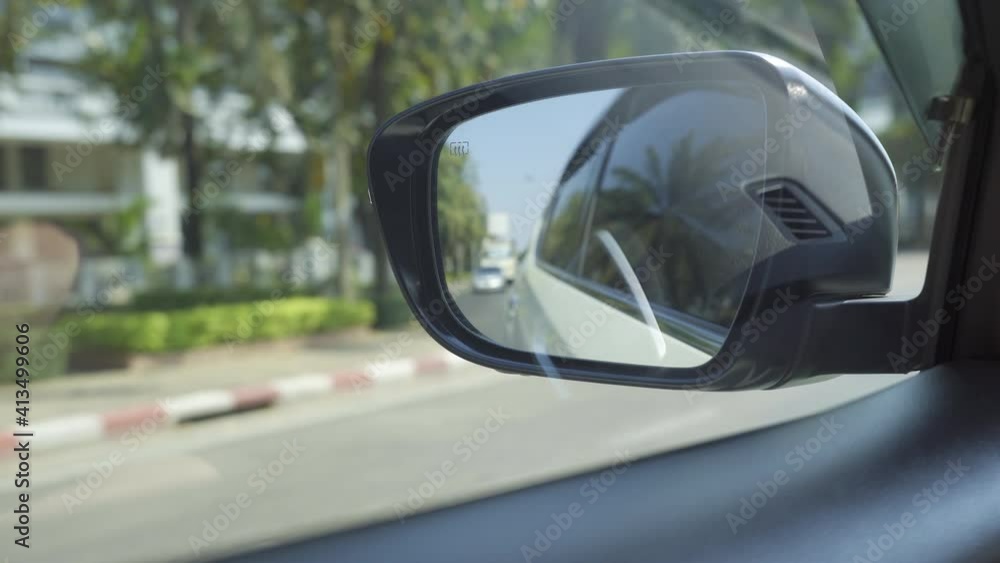 Car wing mirror, side mirror moving on the street, 4K Car wing mirror, side mirror moving on the street, 4K