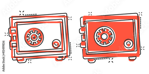Safe money icon in comic style. Strongbox cartoon vector illustration on white isolated background. Finance security splash effect business concept.