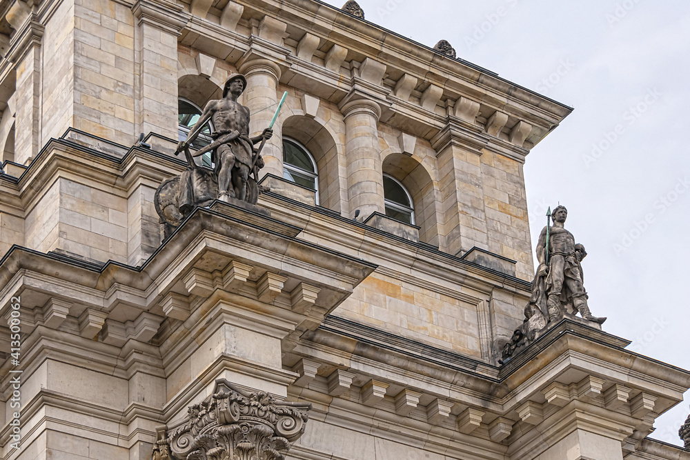 Fototapeta premium Fragments of the Reichstag building - the Headquarter of the German Parliament (Deutscher Bundestag) in Berlin, Germany.