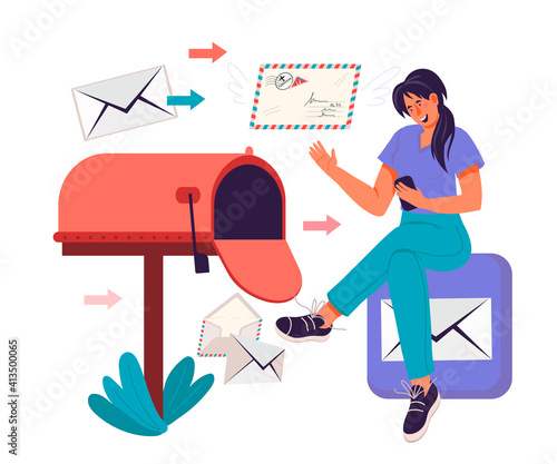 Receiving mail, email and business mailing concept with woman checks her inbox through a mobile application.  Secure and safe information exchange concept, flat vector illustration isolated on white.