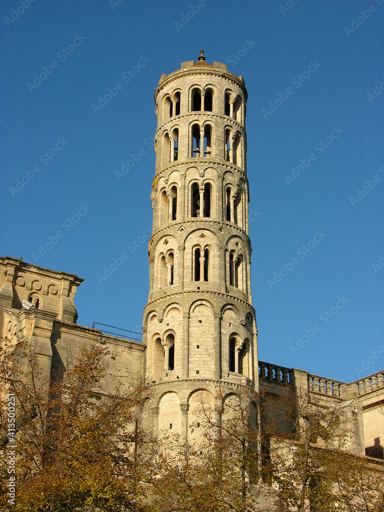 Fenestrelle tower of Uzes Cathedral (cathedrale Saint-Theodorit d Uzes) A monument classified as a French National Historic Landmark .