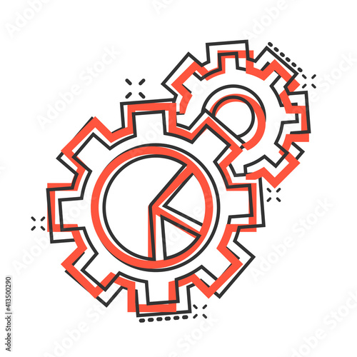 Workflow chart icon in comic style. Gear with diagram cartoon vector illustration on white isolated background. Process organization splash effect business concept.