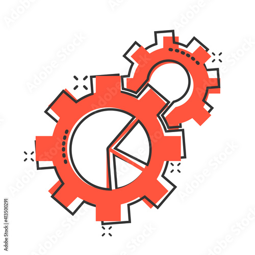 Workflow chart icon in comic style. Gear with diagram cartoon vector illustration on white isolated background. Process organization splash effect business concept.
