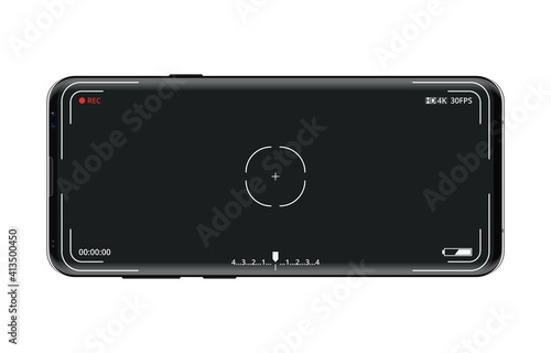 Modern smartphone with camera viewfinder on screen. Video recording or photography on mobile phone. Focusing screen of the camera. User interface app. Template for your design.
