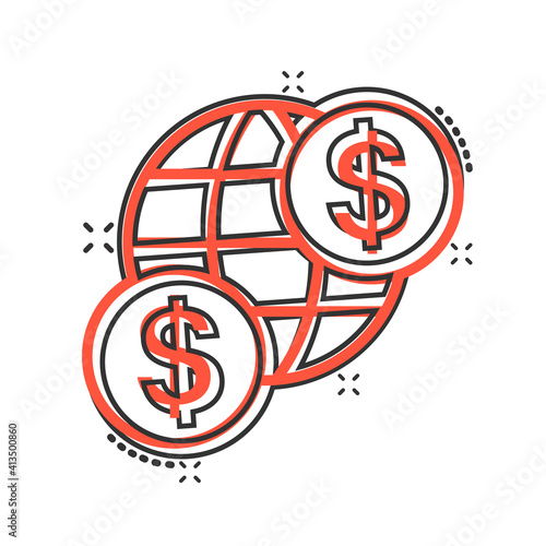 Global business icon in comic style. Money transaction cartoon vector illustration on white isolated background. Banknote bill security  splash effect business concept.