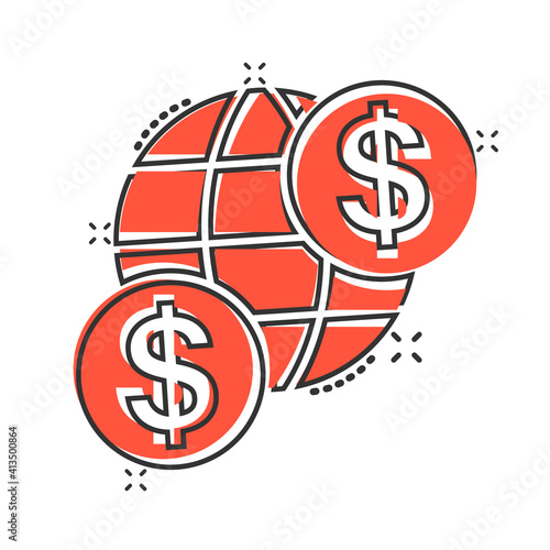 Global business icon in comic style. Money transaction cartoon vector illustration on white isolated background. Banknote bill security  splash effect business concept.
