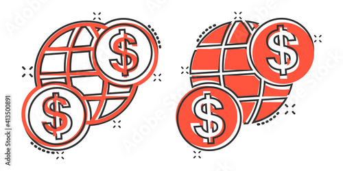 Global business icon in comic style. Money transaction cartoon vector illustration on white isolated background. Banknote bill security  splash effect business concept.
