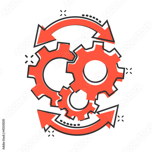 Workflow icon in comic style. Gear effective cartoon vector illustration on white isolated background. Process organization splash effect business concept.