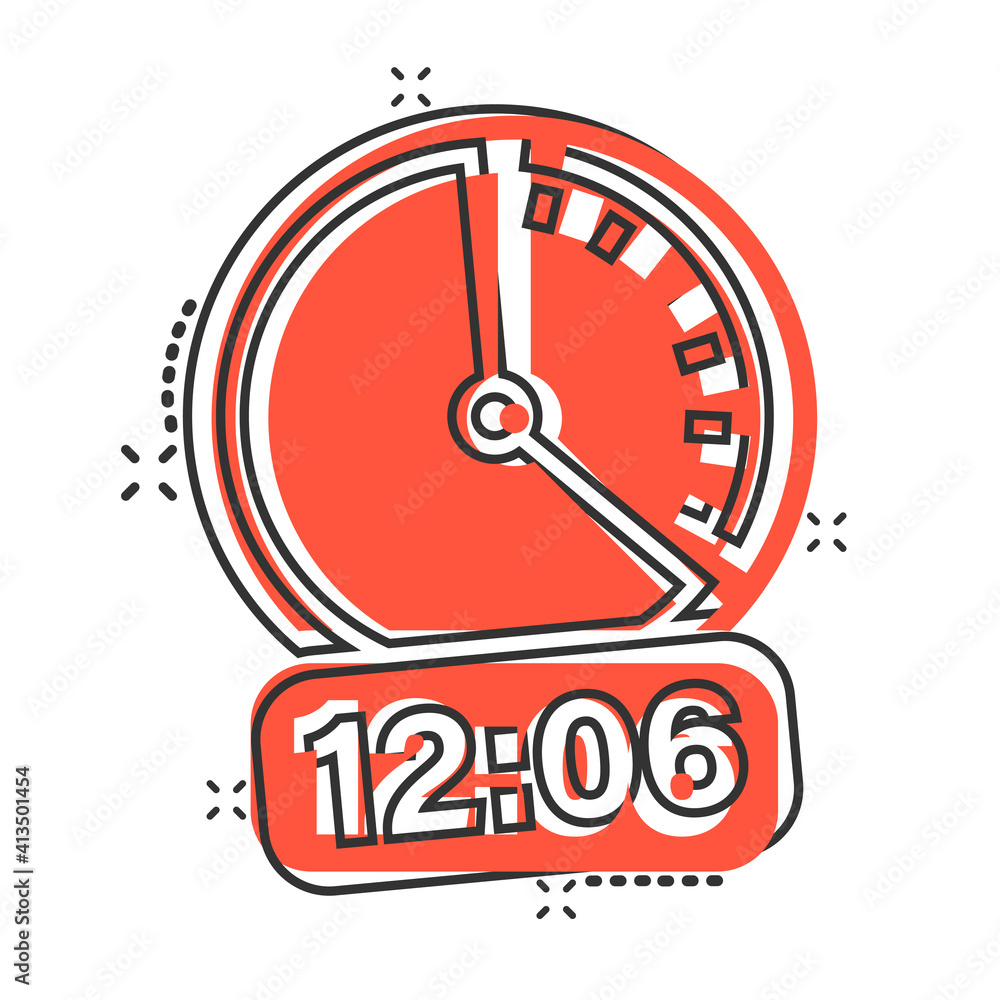 Clock icon in comic style. Watch cartoon vector illustration on white isolated background. Timer splash effect business concept. Clock icon in comic style. Watch cartoon vector illustration on white isolated background. Timer splash effect business concept.