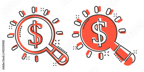 Magnifier glass with money icon in comic style. Dollar search cartoon vector illustration on white isolated background. Financial currency splash effect business concept.