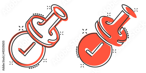 Approve stamp icon in comic style. Accept check mark cartoon vector illustration on white isolated background. Approval choice splash effect business concept.