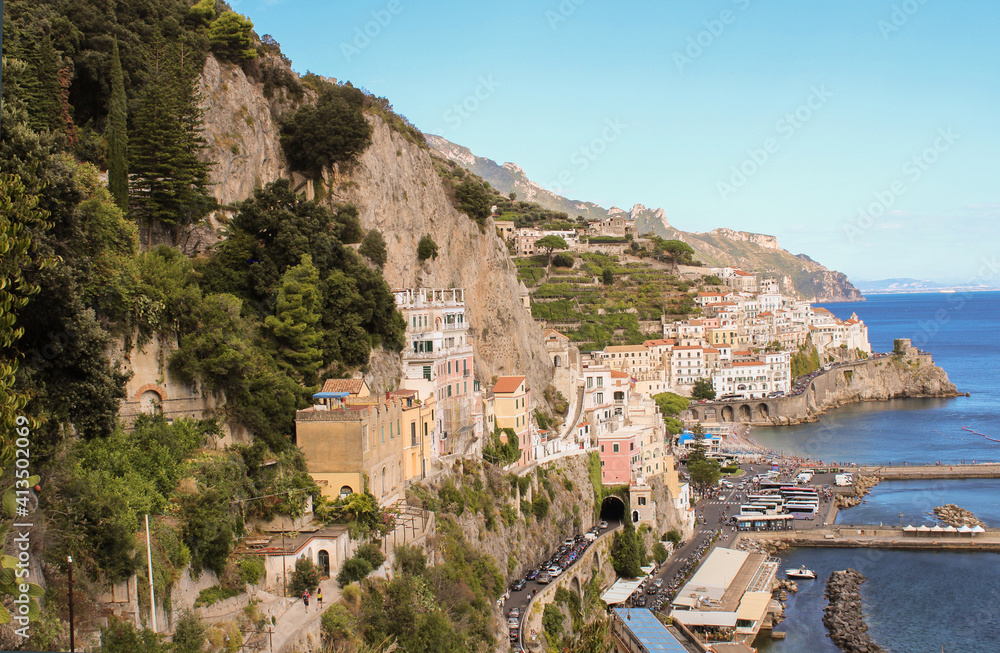 Panoramic view of the city and sea on the sunny day.Amalfi.Italy.