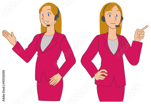 案内する　白人女性テレフォンオペレーター　セット　