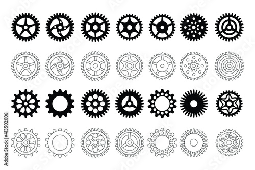A set of gears for steampunk and decoration. Black on white.Vector illustration. 