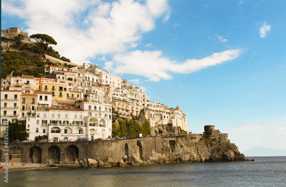 Panoramic view of the city and sea on the sunny day.Amalfi.Italy.