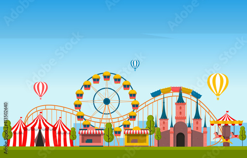 Castle Ferris Wheel Amusement Park Happy Holiday Illustration