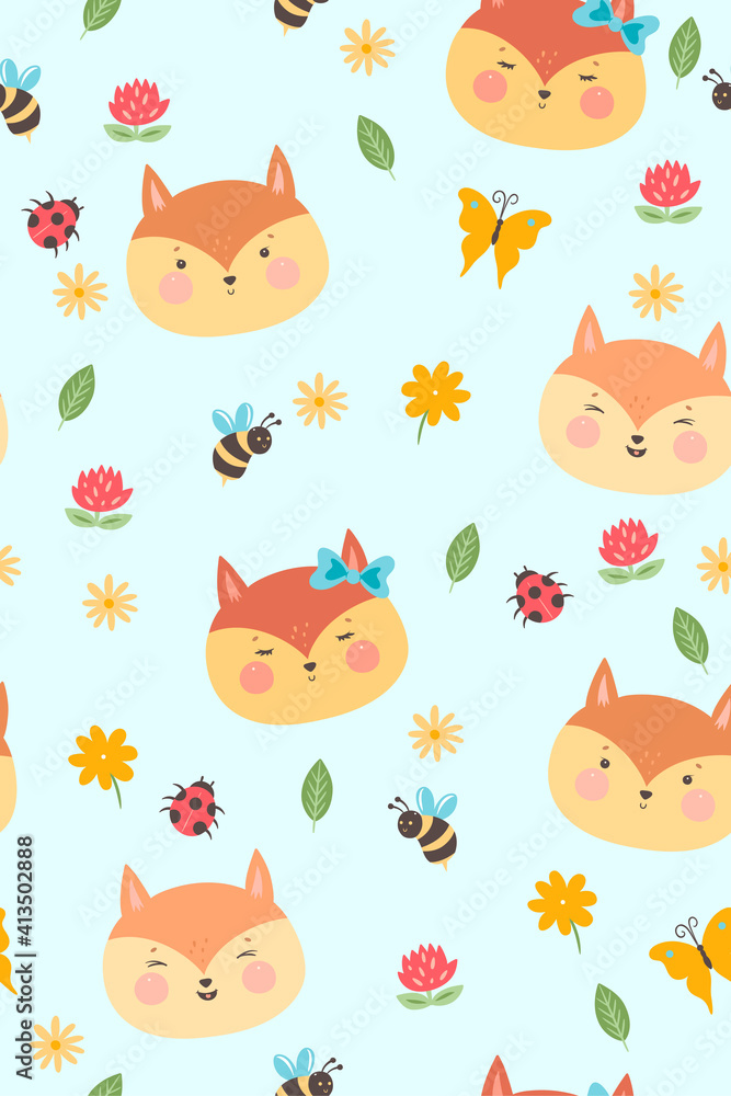 Summer seamless pattern with cute foxes. Vector graphics.