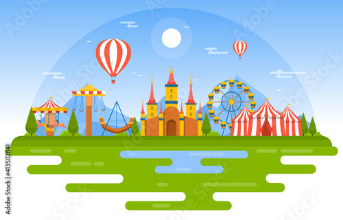 Castle Ferris Wheel Amusement Park Happy Holiday Illustration