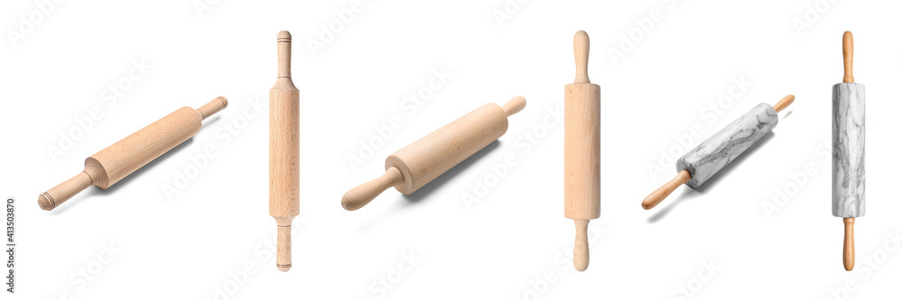 Collage of different rolling pins on white background Collage of different rolling pins on white background