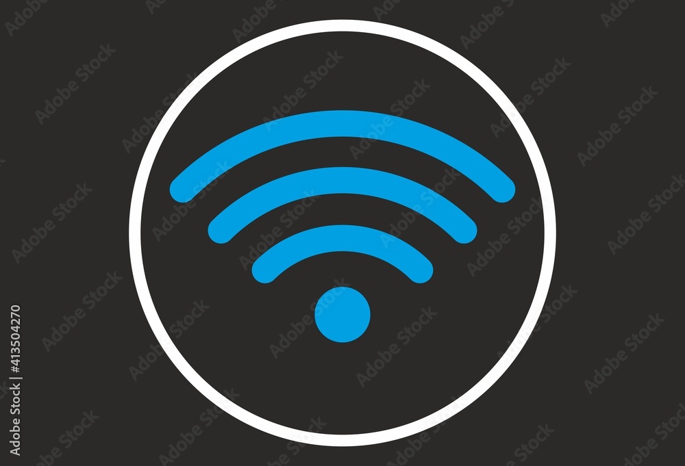 Blue wifi icon in white circle with black background, flat vector Blue wifi icon in white circle with black background, flat vector