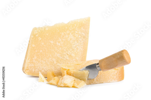 Delicious parmesan cheese and knife on white background