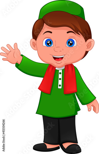 happy muslim boy cartoon isolated on white background