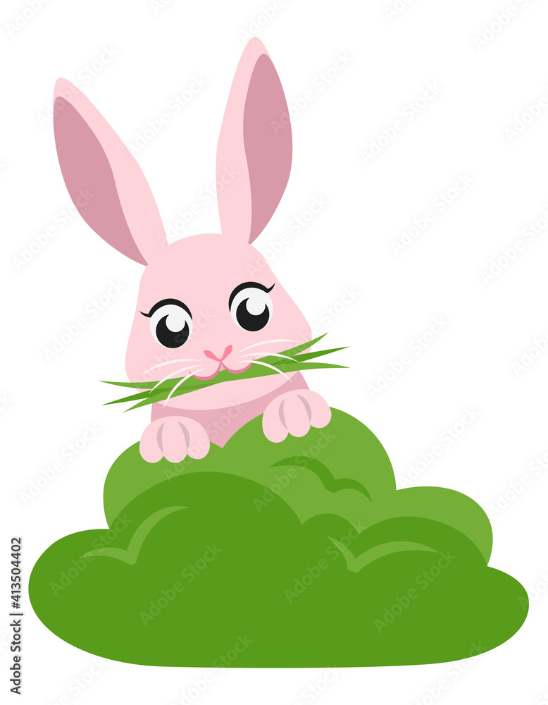 Easter bunny peeking out of bushes. Cute character in cartoon style Easter bunny peeking out of bushes. Cute character in cartoon style