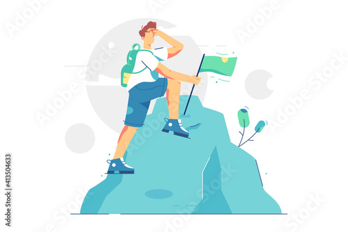 Happy man reached top of mountain vector illustration. Male standing on mountain peak top with flag flat style. Mission accomplished  success  motivation  career concept. Isolated on white background