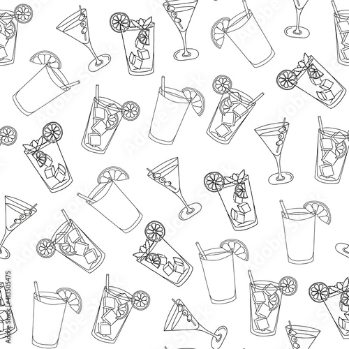 Seamless pattern glass of mojito, Long Island Ice Tea, Dry Martini, ice cubes, mint leaves and lime outline. Black outline of the cocktail on a white background. Hand drawing.